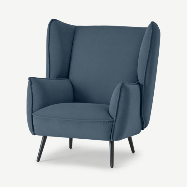 Linden fauteuil, blauw klokje met zwarte metalen poten