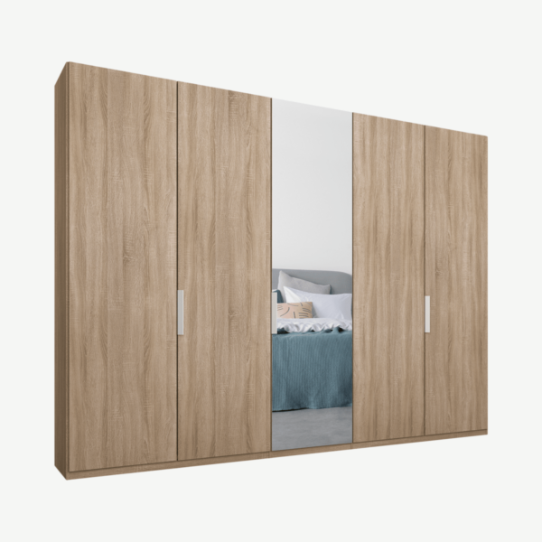 Caren vijfdeurs kledingkast met handvatten, 250 cm, eiken frame, eiken en spiegeldeuren, premium interieur