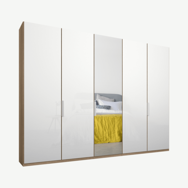 Caren vijfdeurs kledingkast met handvatten, 250 cm, eiken frame, wit glas en spiegeldeuren, premium interieur