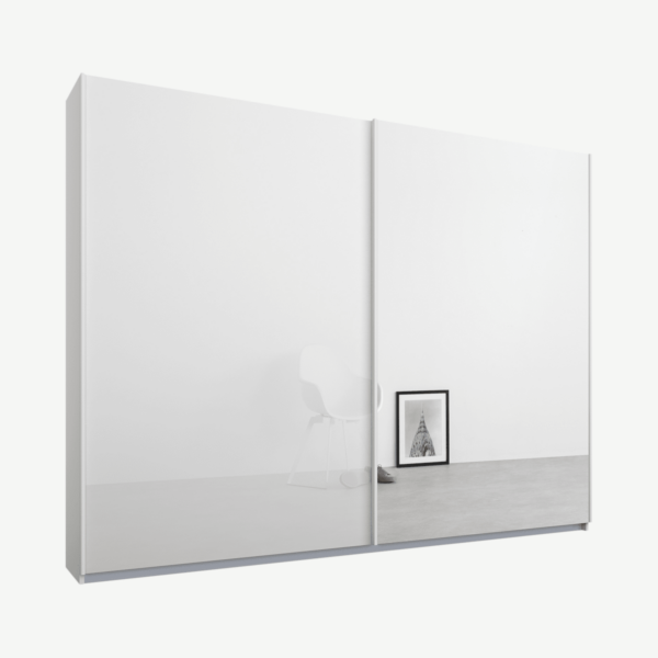 Malix tweedeurs kledingkast met schuifdeuren, 225 cm, wit frame, wit glas en spiegeldeuren, premium interieur