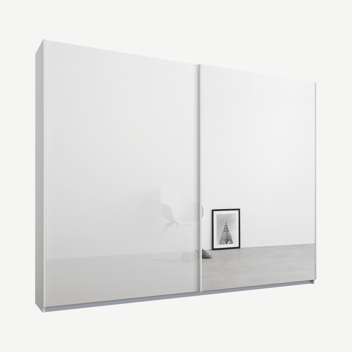 Malix tweedeurs kledingkast met schuifdeuren, 225 cm, wit frame, wit glas en spiegeldeuren, premium interieur