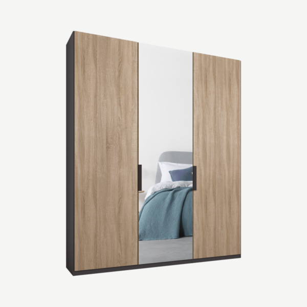 Caren driedeurs kledingkast met handvatten, 150 cm, grafietgrijs frame, eiken en spiegeldeuren, premium interieur