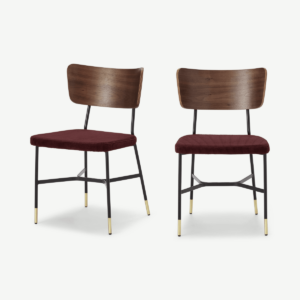 Amalyn set van 2 eetkamerstoelen, walnoothout en rosewood ribfluweel