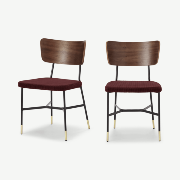 Amalyn set van 2 eetkamerstoelen, walnoothout en rosewood ribfluweel