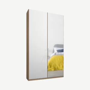 Caren tweedeurs kledingkast met handvatten, 100 cm, eiken frame, wit glas en spiegeldeuren, premium interieur