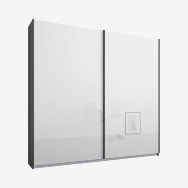 Malix tweedeurs kledingkast met schuifdeuren, 181 cm, grafietgrijs frame, witte glazen deuren, standaard interieur