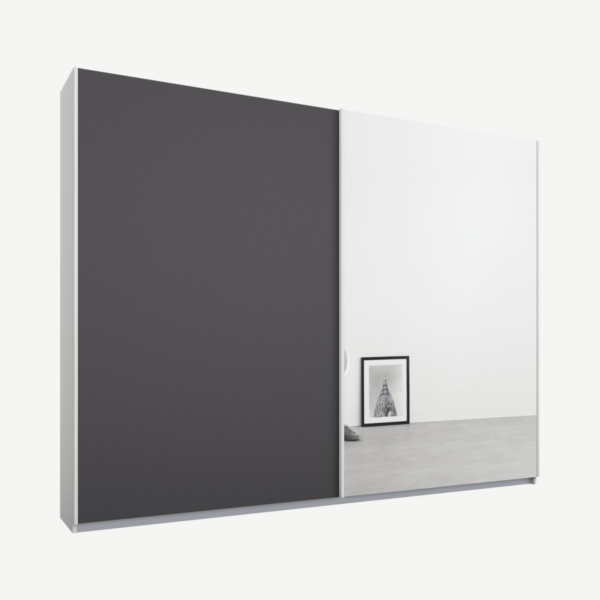 Malix tweedeurs kledingkast met schuifdeuren, 225 cm, wit frame, mat grafietgrijs en spiegeldeuren, klassiek interieur