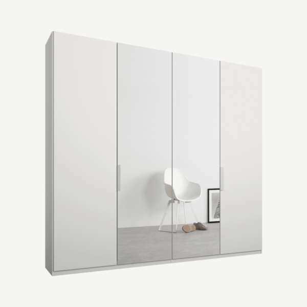 Caren Malix kledingkast met 4 deuren, 200 cm, wit frame, mat wit en spiegeldeuren, standaard