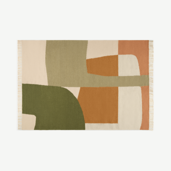 Waltara platgeweven wollen vloerkleed, groot, 160 x 230 cm, groen en oranje