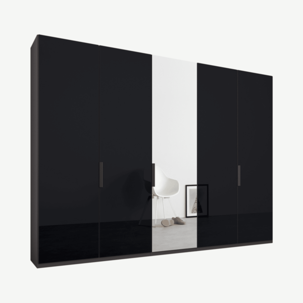 Caren Malix kledingkast met 5 deuren, 250 cm, grafietgrijs frame, basaltgrijs glas en spiegels, standaard