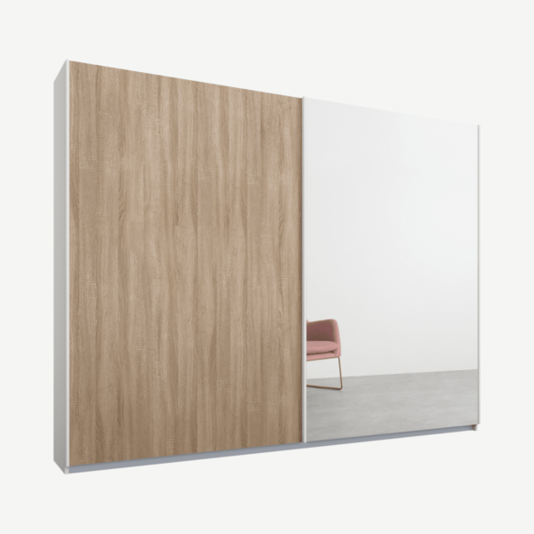 Malix kledingkast met 2 schuifdeuren, 225 cm, wit frame, eiken en spiegeldeuren, standaard binnenkant
