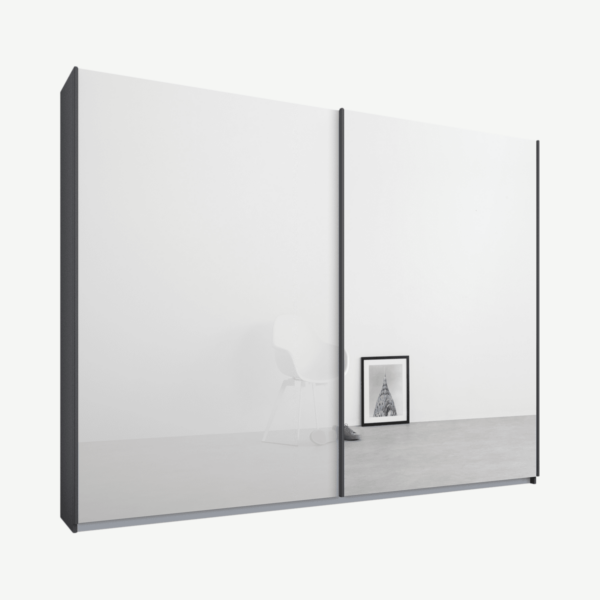 Malix tweedeurs kledingkast met schuifdeuren, 225 cm, grafietgrijs frame, wit glas en spiegeldeuren, klassiek interieur