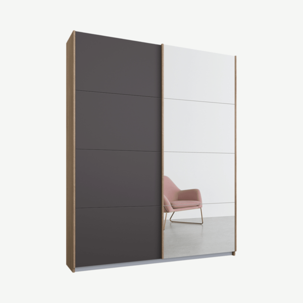 Malix tweedeurs kledingkast met schuifdeuren, 135 cm, eiken frame, mat grafietgrijs en spiegeldeuren, klassiek interieur