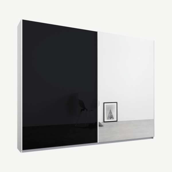 Malix kledingkast met 2 schuifdeuren, 225 cm, wit frame, basaltgrijs glas en spiegels, standaard binnenkant