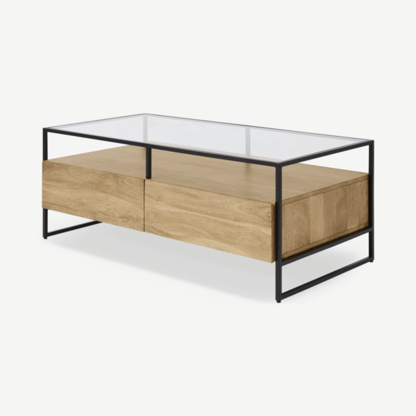 Kilby salontafel met 2 lades, licht mangohout en glas