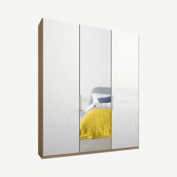 Caren driedeurs kledingkast met handvatten, 150 cm, eiken frame, wit glas en spiegeldeuren, premium interieur