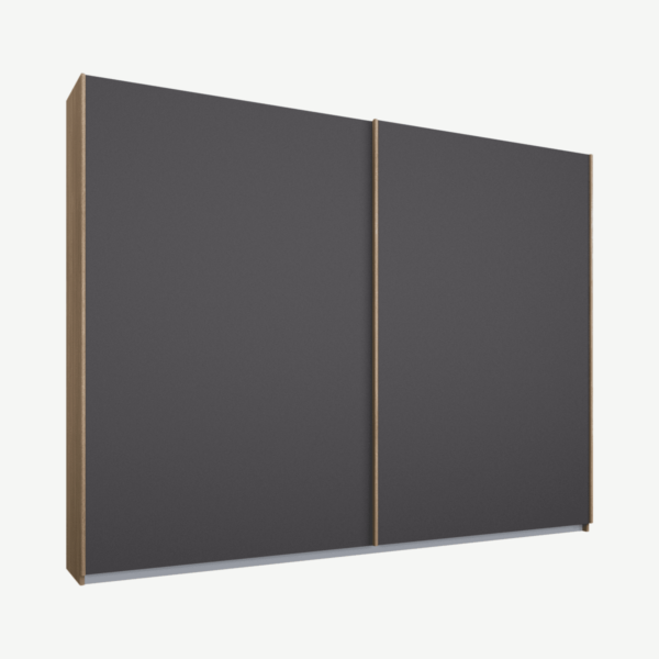 Malix kledingkast met 2 schuifdeuren, 225 cm, eiken frame, matte grafietgrijze deuren, standaard binnenkant