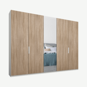 Caren vijfdeurs kledingkast met handvatten, 250 cm, wit frame, eiken en spiegeldeuren, premium interieur