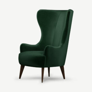 Bodil fauteuil, flesgroen fluweel met donkere houten poten