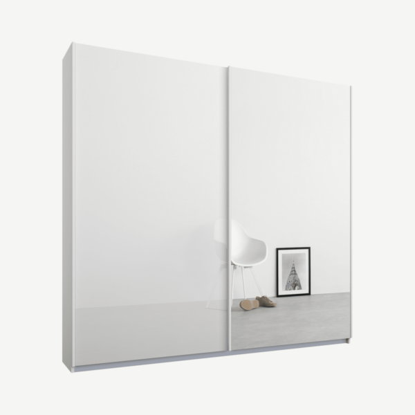 Malix tweedeurs kledingkast met schuifdeuren, 181 cm, wit frame, wit glas en spiegeldeuren, klassiek interieur