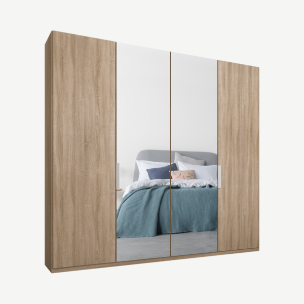 Caren Malix kledingkast met 4 deuren, 200 cm, eiken frame, eiken en spiegeldeuren, standaard