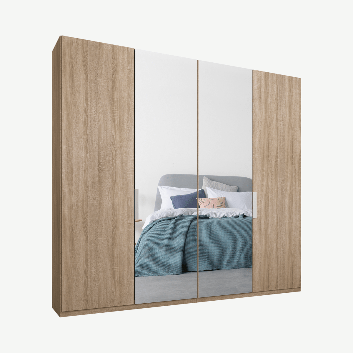 5088fd8cf96afe2f6a019766c4ff3eaf60f54c03_WDICAR066GMR_UK_Caren_4_door_200cm_Hinged_Wardrobe_Oak_Frame_Oak_Mirror_Doors_Standard_Interior.png Caren Malix kledingkast met 4 deuren, 200 cm, eiken frame, eiken en spiegeldeuren, standaard