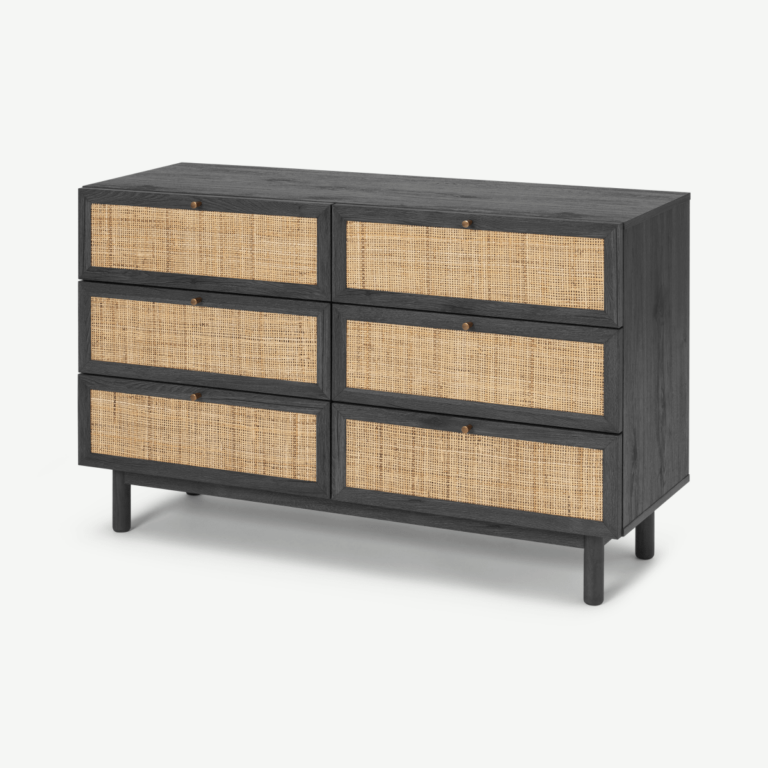 YITAHOME Smalle ladekast met 5 laden, stoffen dressoirs met gemakkelijk trekhandvat, stevig stalen frame, opbergladen voor slaapkamer, kast, kleding, zwarte houtnerf