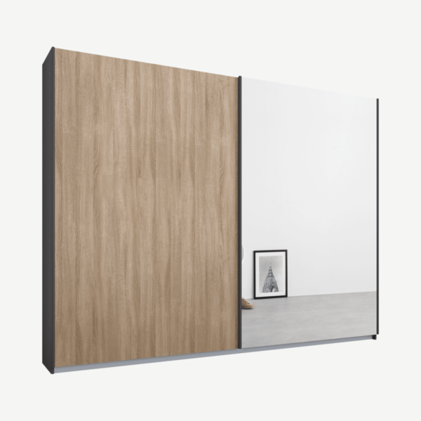 Malix tweedeurs kledingkast met schuifdeuren, 225 cm, grafietgrijs frame, eiken en spiegeldeuren, premium interieur
