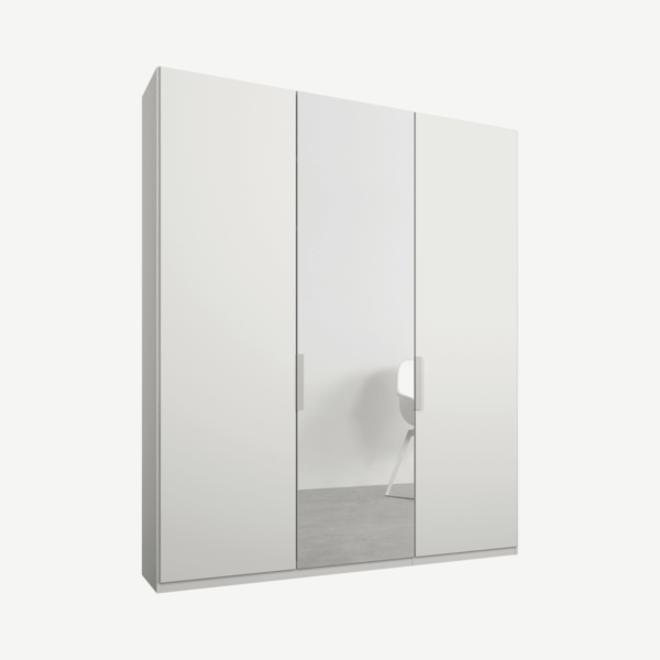 Caren driedeurs kledingkast met handvatten, 150 cm, wit frame, matwit en spiegeldeuren, standaard interieur