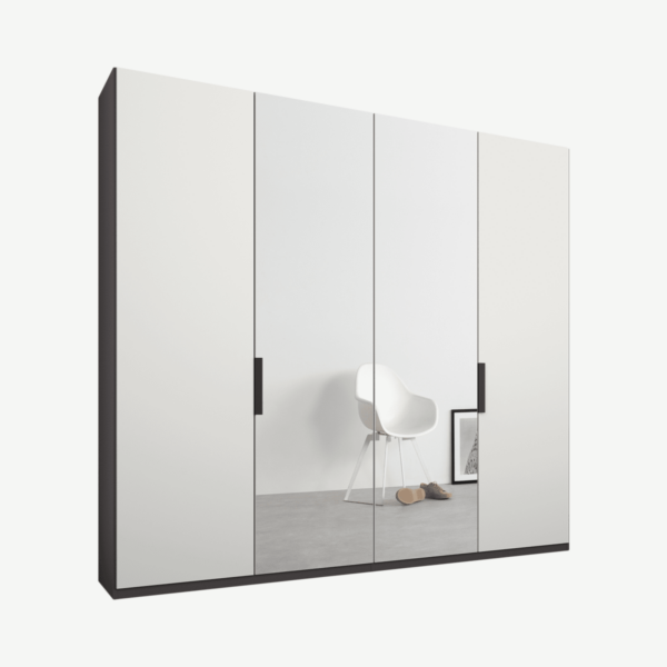 Caren Malix kledingkast met 4 deuren, 200 cm, grafietgrijs frame, mat wit en spiegeldeuren, standaard