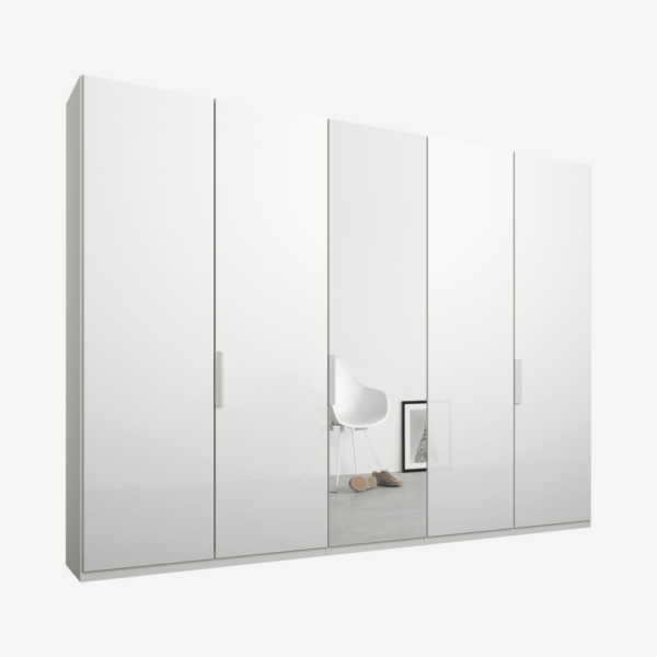 Caren Malix kledingkast met 5 deuren, 250 cm, wit frame, wit glas en spiegeldeuren, standaard