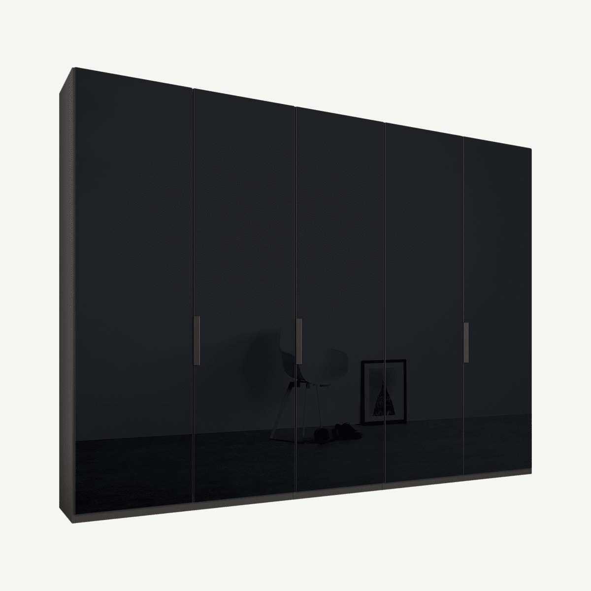 5dbaf97590c21d39ca9870ddb3c04b5eb5a27329_WDICAR119GRG_UK_Caren_5_door_250cm_Hinged_Wardrobe_Graphite_Grey_Frame_Basalt_Grey_Glass_Doors_.png Caren vijfdeurs kledingkast met handvatten, 250 cm, grafietgrijs frame, basaltgrijze glazen deuren, premium interieur