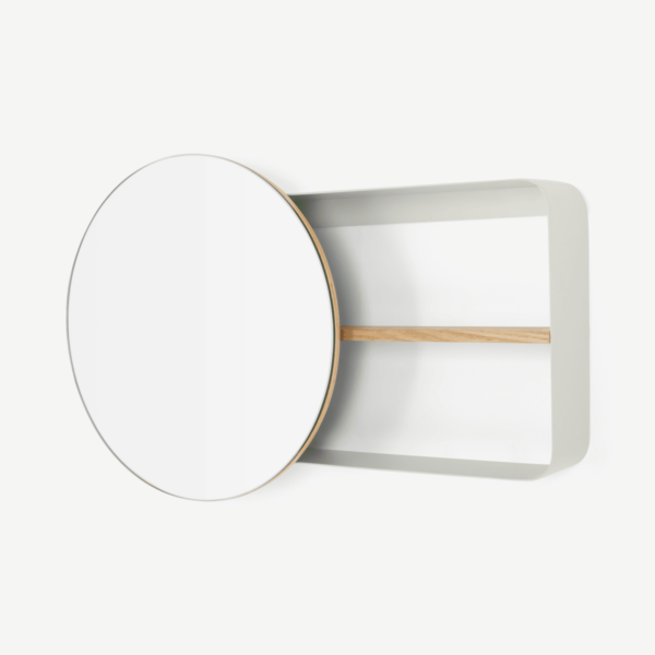 Joris ronde spiegel en wandplank, metaal en hout, gebroken wit