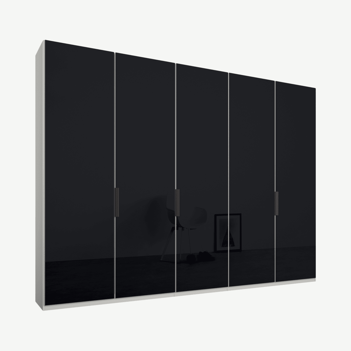 62b1b74189cda099b792d5a5aa009ba8fd43dca8_WDICAR109GRG_UK_Caren_5_door_250cm_Hinged_Wardrobe_White_Frame_Basalt_Grey_Glass_Doors_Standard.png Caren Malix kledingkast met 5 deuren, 250 cm, wit frame, basaltgrijs glazen deuren, standaard