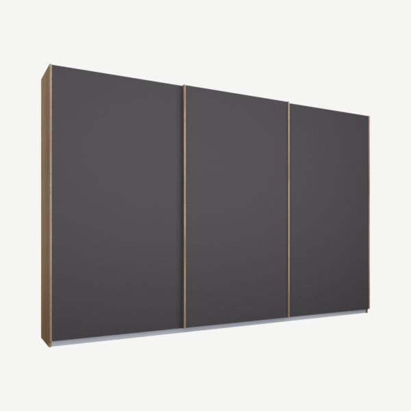 Malix driedeurs kledingkast met schuifdeuren, 270 cm, eiken frame, mat grafietgrijze deuren, premium interieur