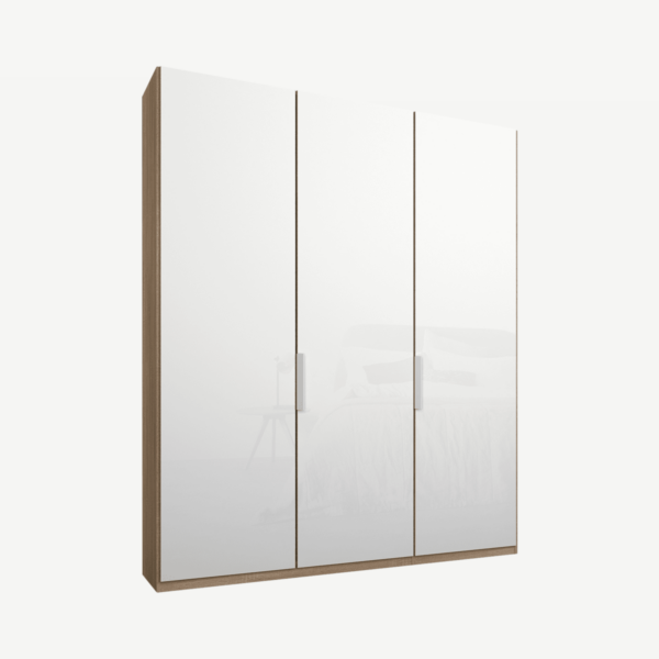 Caren driedeurs kledingkast met handvatten, 150 cm, eiken frame, witte glazen deuren, klassiek interieur