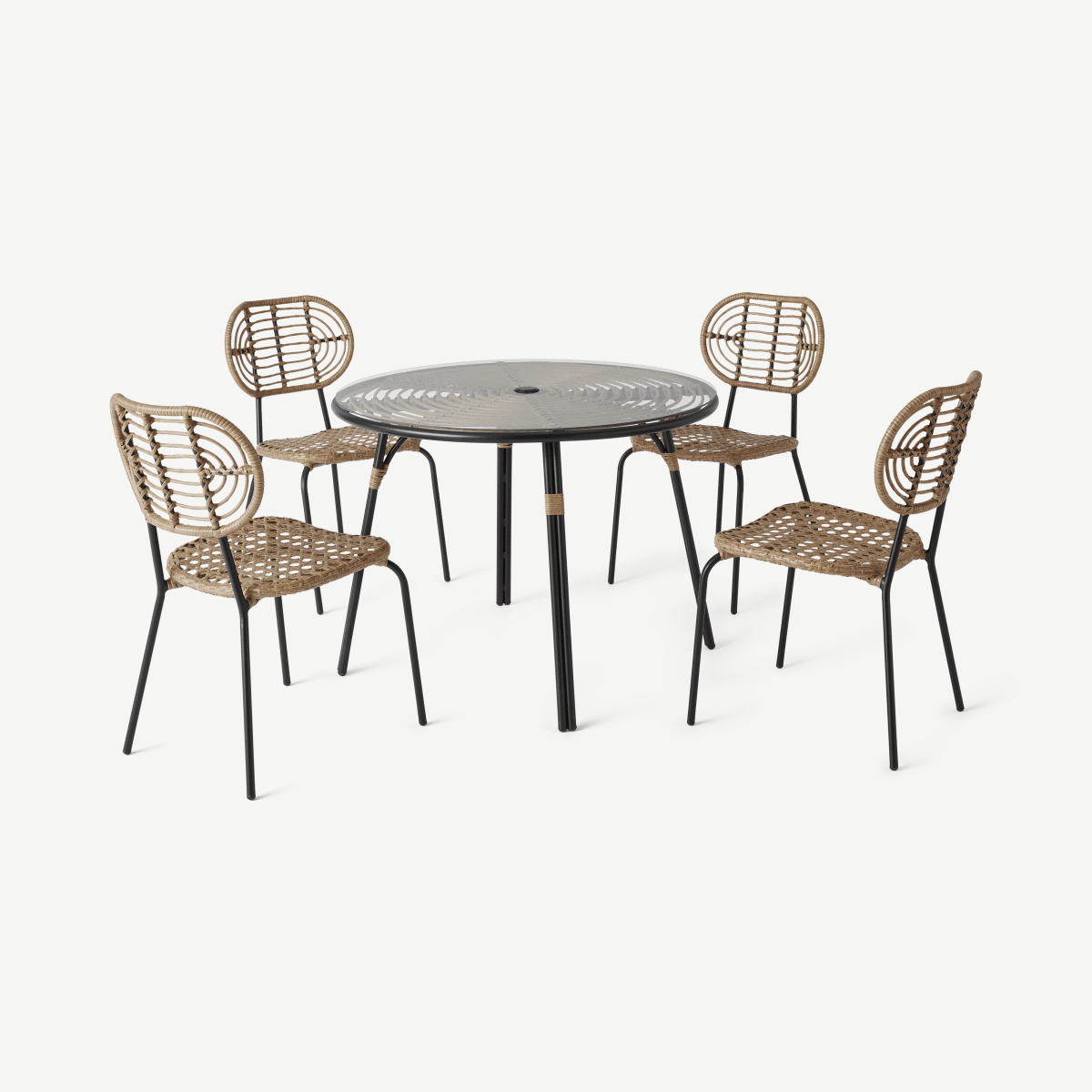 6a054bf7ad74367457d4d55185cb683e60c3f652_SETSWA016BAW_UK_Swara_Garden_4_seater_Round_Dining_Set_Natural_Rattan_and_Glass_ar1_1_LB01_PS.png Swara 4-persoons ronde eettafelset voor buiten, rotan en glas
