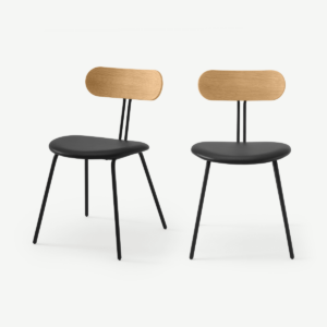 Tambo set van 2 eetkamerstoelen, eiken en zwart imitatieleer