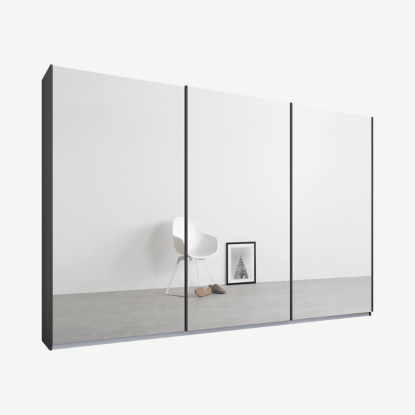Malix kledingkast met 3 schuifdeuren, 270 cm grafietgrijs frame, spiegeldeuren, standaard binnenkant