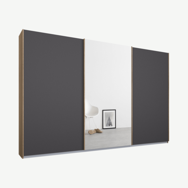 Malix driedeurs kledingkast met schuifdeuren, 270 cm, eiken frame, mat grafietgrijs en spiegeldeuren, klassiek interieur