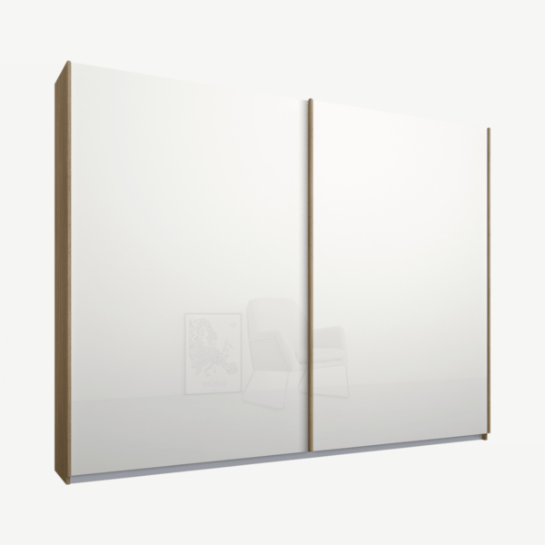 Malix tweedeurs kledingkast met schuifdeuren, 225 cm, eiken frame, witte glazen deuren, klassiek interieur