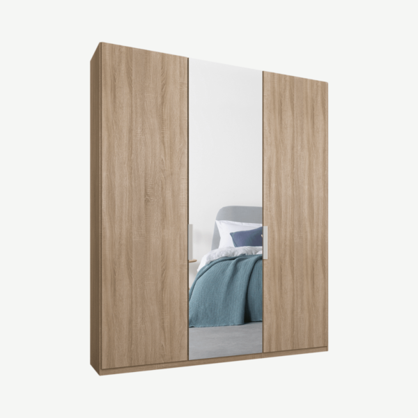 Caren driedeurs kledingkast met handvatten, 150 cm, eiken frame, eiken en spiegeldeuren, premium interieur