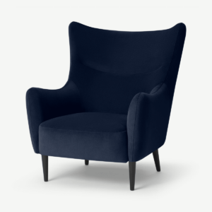 Bridget fauteuil, inktblauw fluweel met zwarte houten poten
