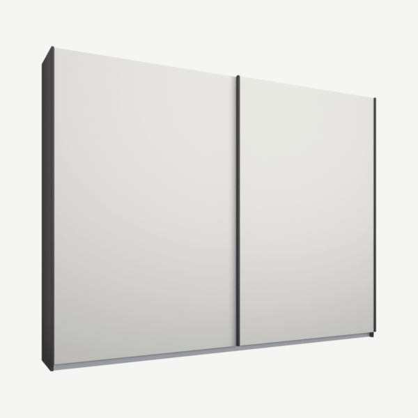 Malix kledingkast met 2 schuifdeuren, 225 cm, grafietgrijs frame, matte, witte deuren, standaard binnenkant
