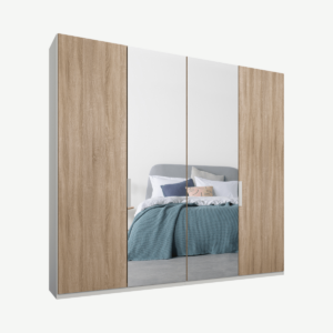 Caren vierdeurs kledingkast met handvatten, 200 cm, wit frame, eiken en spiegeldeuren, premium interieur