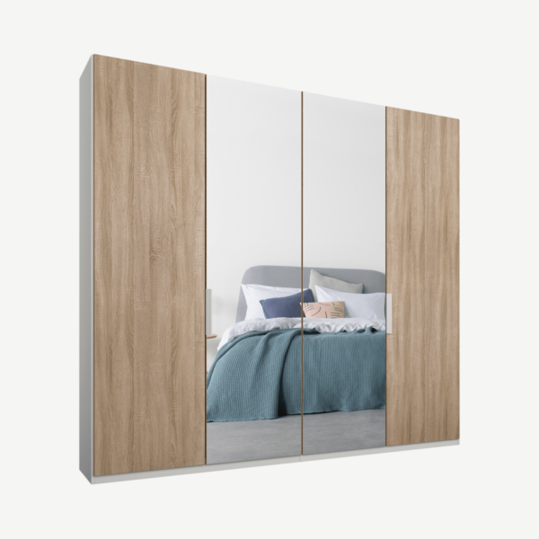 Caren Malix kledingkast met 4 deuren, 200 cm, wit frame, eiken en spiegeldeuren, standaard