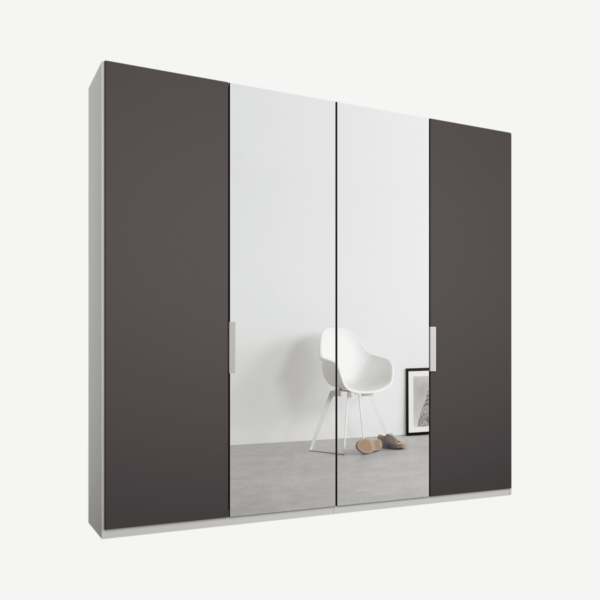 Caren Malix kledingkast met 4 deuren, 200 cm, wit frame, mat grafietgrijs en spiegeldeuren, standaard