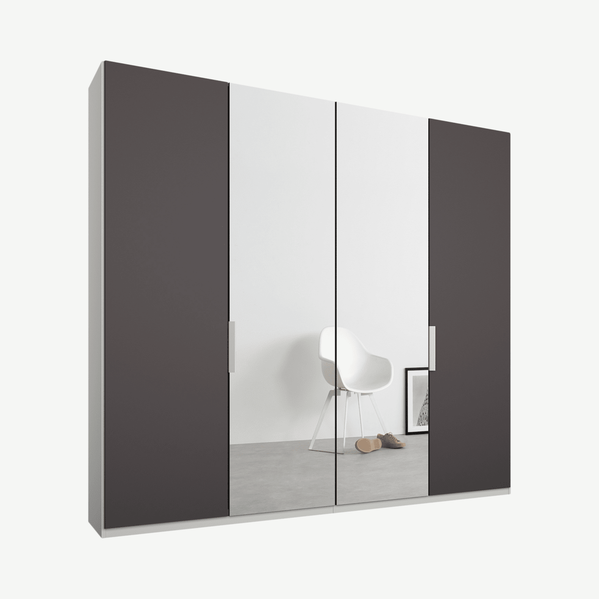 786b8e11b63ec56db86f9273ea06083162c3a77e_WDICAR075WMR_UK_Caren_4_door_200cm_Hinged_Wardrobe_White_Frame_matte_Graphite_Grey_Mirror_Doors.png Caren Malix kledingkast met 4 deuren, 200 cm, wit frame, mat grafietgrijs en spiegeldeuren, standaard