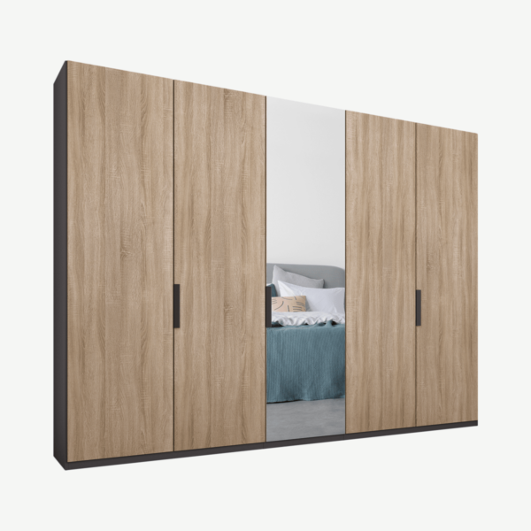 Caren Malix kledingkast met 5 deuren, 250 cm, grafietgrijs frame, eiken en spiegeldeuren, standaard
