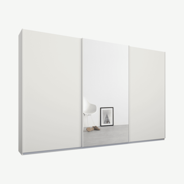 Malix kledingkast met 3 schuifdeuren, 270 cm wit frame, mat wit en spiegeldeuren, standaard binnenkant